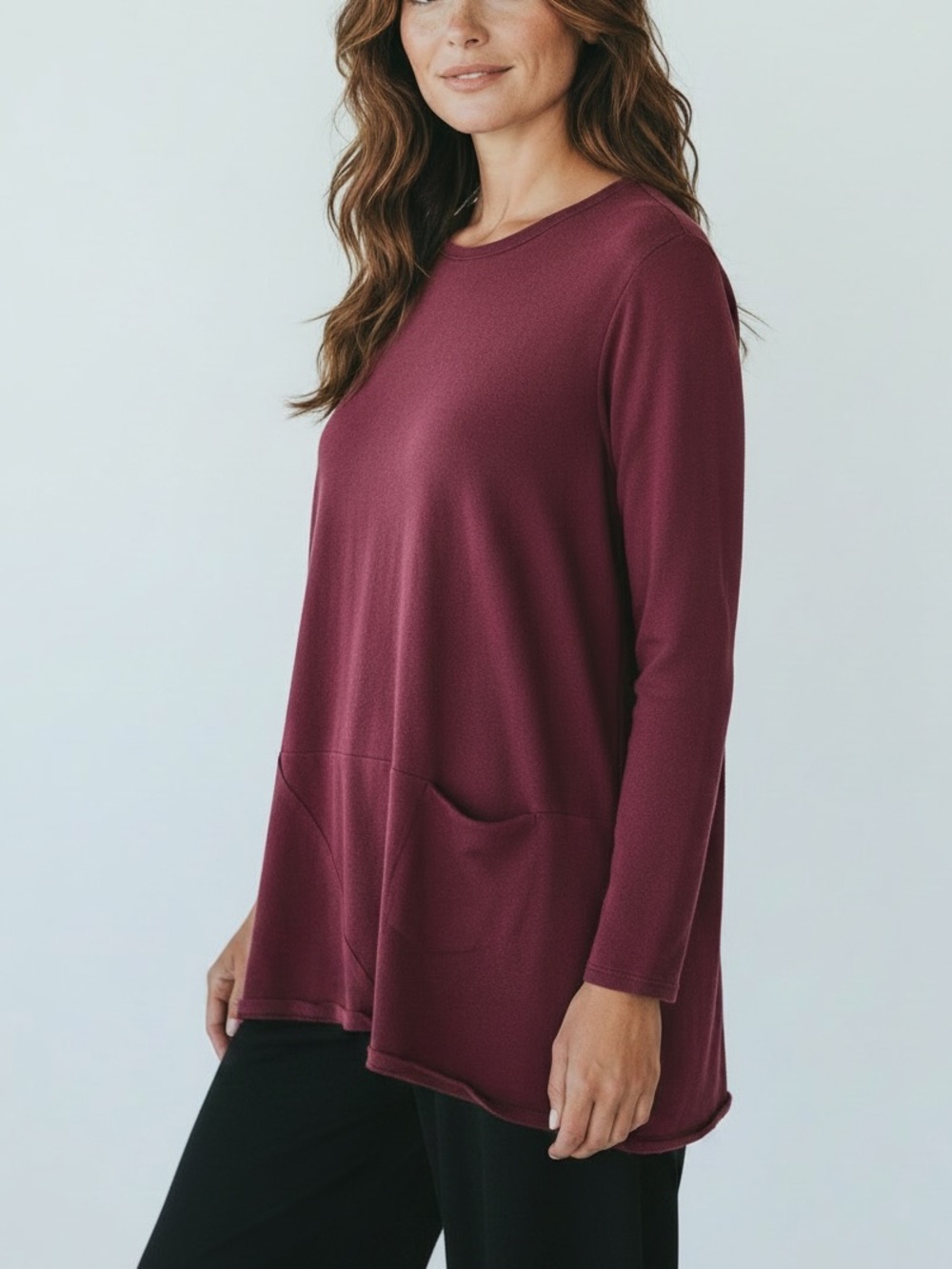J. Jill Burgundy Long Line Brushed Cotton Knit Tunic, 3/4 Sleeves - Large